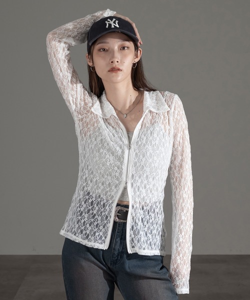 apres jour mignon(アプレジュールミニョン)の「襟付きレースシャツ【ZOZOTOWN限定アイテム】(シャツ/ブラウス・レディース・ブラウン系その他/オフホワイト/ブラック・X-LARGE/フリー)」の4枚目の写真