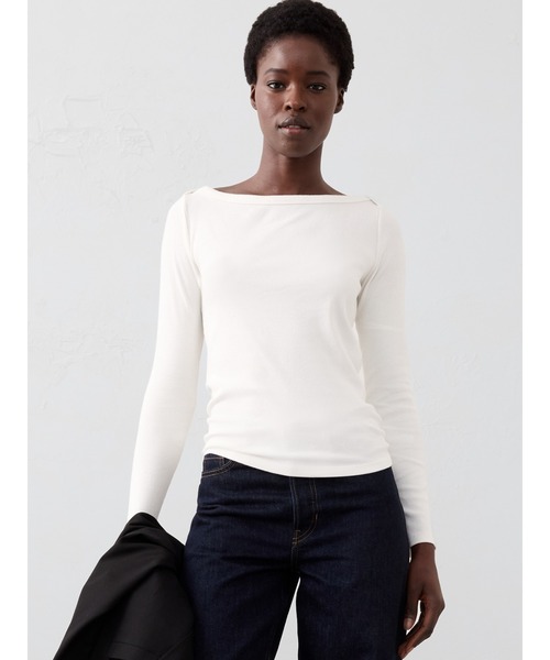 BANANA REPUBLIC FACTORY STORE(バナナリパブリック ファクトリーストア)の「BANANA REPUBLIC FACTORY STORE リブ ボートネック カットソー(Tシャツ/カットソー・レディース・ホワイト/ブラック/カーキ/ベージュ・S/L/M/XS)」の2枚目の写真
