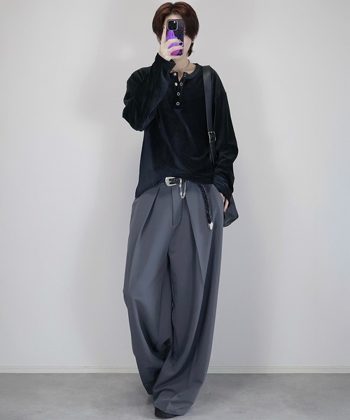 Loose/ルース(ルース)の「ベロアコーデュロイ ヘンリーネックロンT(Tシャツ/カットソー・メンズ・オフホワイト/パープル/ダークネイビー/ブラック/グレー・S/L/M)」の9枚目の写真