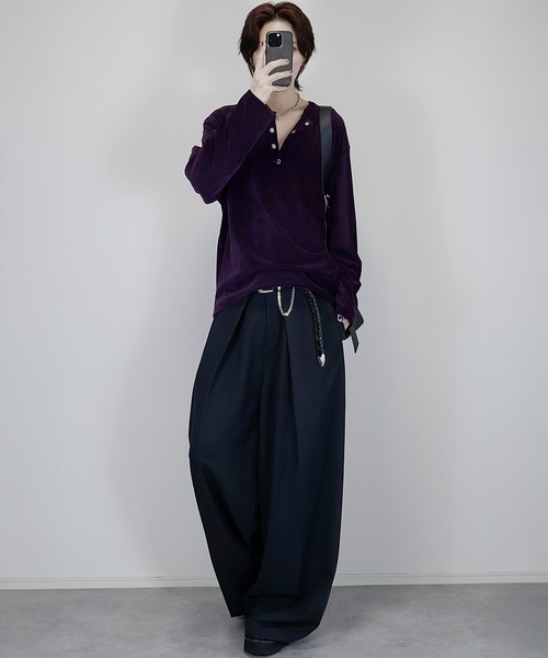 Loose/ルース(ルース)の「ベロアコーデュロイ ヘンリーネックロンT(Tシャツ/カットソー・メンズ・オフホワイト/パープル/ダークネイビー/ブラック/グレー・S/L/M)」の15枚目の写真