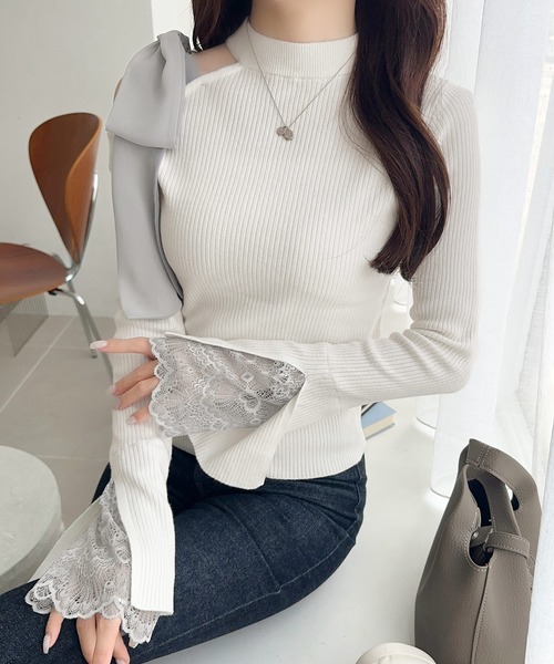 mily bilet(ミウィビレット)の「【mily bilet】大人フェミニンの主役トップス。肩シフォンリボン袖レース使いリブニット(ニット/セーター・レディース・ブラック/アイボリー/チャコールグレー・LARGE/MEDIUM/SMALL/X-LARGE)」の9枚目の写真