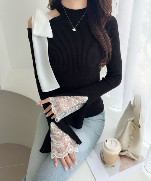 mily bilet(ミウィビレット)の「【mily bilet】大人フェミニンの主役トップス。肩シフォンリボン袖レース使いリブニット(ニット/セーター・レディース・ブラック/アイボリー/チャコールグレー・LARGE/MEDIUM/SMALL/X-LARGE)」の19枚目の写真