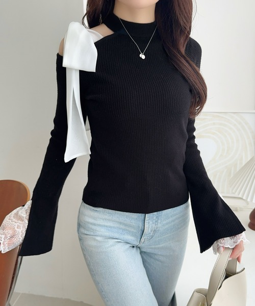 mily bilet(ミウィビレット)の「【mily bilet】大人フェミニンの主役トップス。肩シフォンリボン袖レース使いリブニット(ニット/セーター・レディース・ブラック/アイボリー/チャコールグレー・LARGE/MEDIUM/SMALL/X-LARGE)」の18枚目の写真