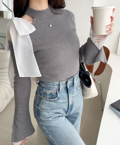 mily bilet(ミウィビレット)の「【mily bilet】大人フェミニンの主役トップス。肩シフォンリボン袖レース使いリブニット(ニット/セーター・レディース・ブラック/アイボリー/チャコールグレー・LARGE/MEDIUM/SMALL/X-LARGE)」の22枚目の写真