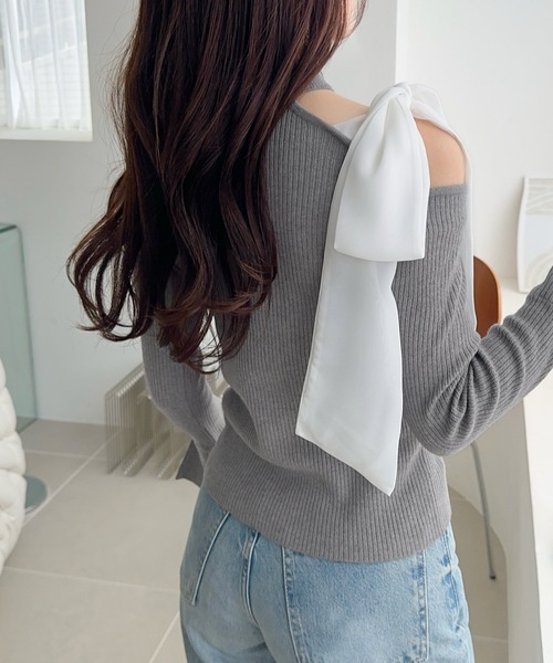 mily bilet(ミウィビレット)の「【mily bilet】大人フェミニンの主役トップス。肩シフォンリボン袖レース使いリブニット(ニット/セーター・レディース・ブラック/アイボリー/チャコールグレー・LARGE/MEDIUM/SMALL/X-LARGE)」の20枚目の写真