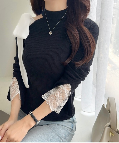 mily bilet(ミウィビレット)の「【mily bilet】大人フェミニンの主役トップス。肩シフォンリボン袖レース使いリブニット(ニット/セーター・レディース・ブラック/アイボリー/チャコールグレー・LARGE/MEDIUM/SMALL/X-LARGE)」の17枚目の写真