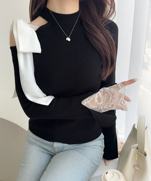 mily bilet(ミウィビレット)の「【mily bilet】大人フェミニンの主役トップス。肩シフォンリボン袖レース使いリブニット(ニット/セーター・レディース・ブラック/アイボリー/チャコールグレー・LARGE/MEDIUM/SMALL/X-LARGE)」の21枚目の写真