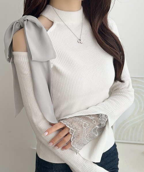 mily bilet(ミウィビレット)の「【mily bilet】大人フェミニンの主役トップス。肩シフォンリボン袖レース使いリブニット(ニット/セーター・レディース・ブラック/アイボリー/チャコールグレー・LARGE/MEDIUM/SMALL/X-LARGE)」の7枚目の写真