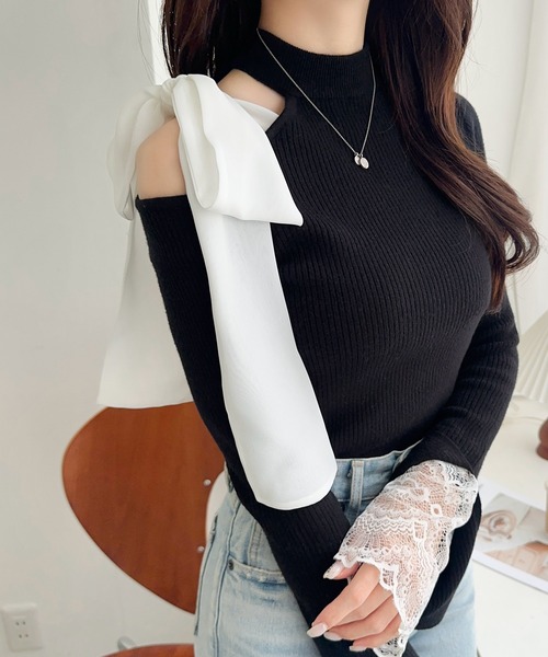 mily bilet(ミウィビレット)の「【mily bilet】大人フェミニンの主役トップス。肩シフォンリボン袖レース使いリブニット(ニット/セーター・レディース・ブラック/アイボリー/チャコールグレー・LARGE/MEDIUM/SMALL/X-LARGE)」の12枚目の写真