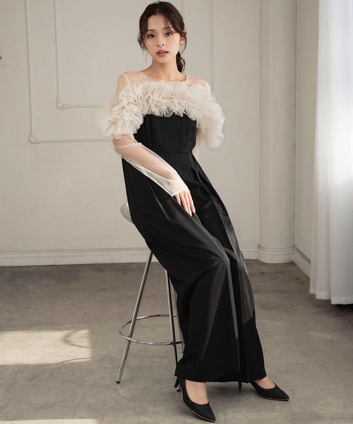 girl（ガール）の「[低身長/大きいサイズあり（～3L）]マルチWAY チュールフリル オールインワン パンツドレス 結婚式 パーティードレス オケージョンドレス パンツスタイル シアー お呼ばれ 二次会 成人式 同窓会 謝恩会（パンツドレス・レディース・グレー/ブラック/カーキ・2L/L/M/S/XS.P/3L）」の5枚目の写真