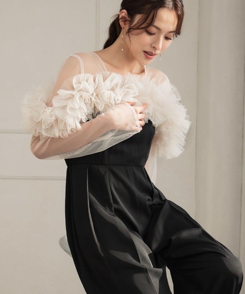 girl（ガール）の「[低身長/大きいサイズあり（～3L）]マルチWAY チュールフリル オールインワン パンツドレス 結婚式 パーティードレス オケージョンドレス パンツスタイル シアー お呼ばれ 二次会 成人式 同窓会 謝恩会（パンツドレス・レディース・グレー/ブラック/カーキ・2L/L/M/S/XS.P/3L）」の4枚目の写真