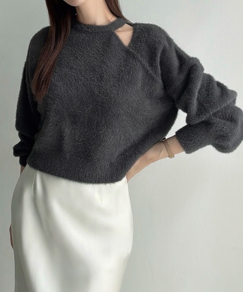 セール】カットデザインシャギーショートニット（ニット/セーター