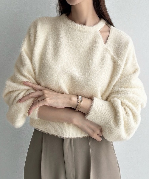 MAYDI ニット ショート セーター セール】カットデザインシャギーショートニット（ニット/セーター