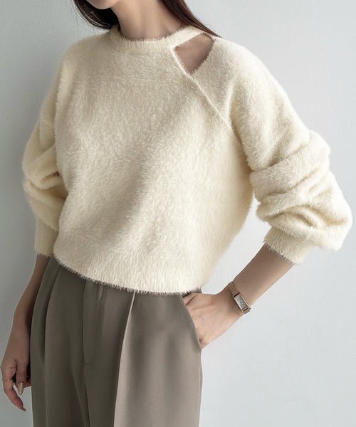 セール】カットデザインシャギーショートニット（ニット/セーター