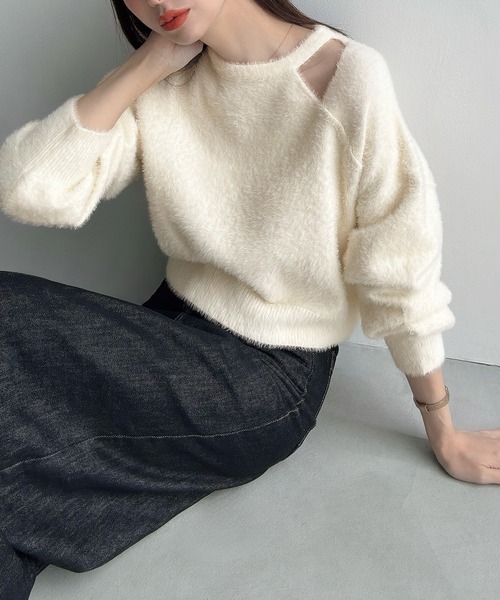 セール】カットデザインシャギーショートニット（ニット/セーター