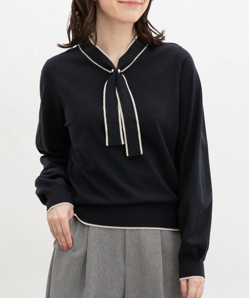 Honeys（ハニーズ）の「【しなやかニット・ヒアルロン酸加工】ヒアルロン酸配色ボウタイニット（ニット/セーター・レディース・ボルドー/ネイビー/サックスブルー/アイボリー・S/M/LL/L/3L）」の3枚目の写真