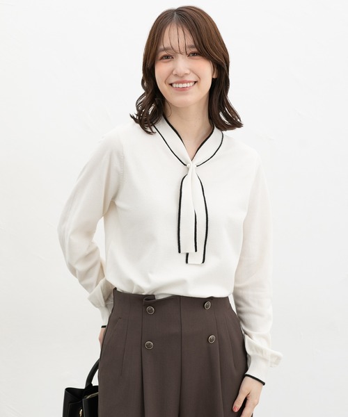 Honeys（ハニーズ）の「【しなやかニット・ヒアルロン酸加工】ヒアルロン酸配色ボウタイニット（ニット/セーター・レディース・ボルドー/ネイビー/サックスブルー/アイボリー・S/M/LL/L/3L）」の11枚目の写真