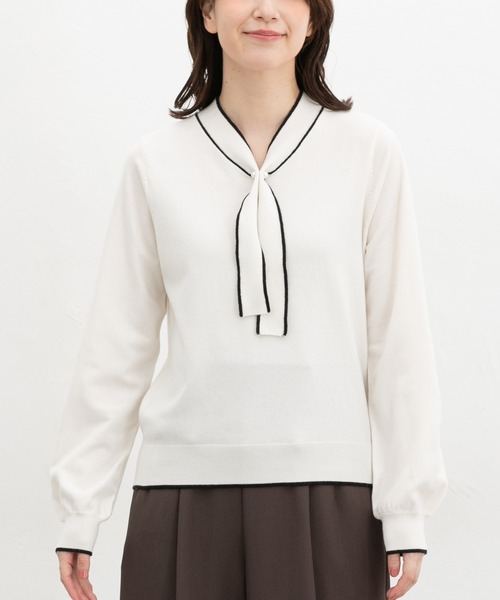 Honeys（ハニーズ）の「【しなやかニット・ヒアルロン酸加工】ヒアルロン酸配色ボウタイニット（ニット/セーター・レディース・ボルドー/ネイビー/サックスブルー/アイボリー・S/M/LL/L/3L）」の12枚目の写真