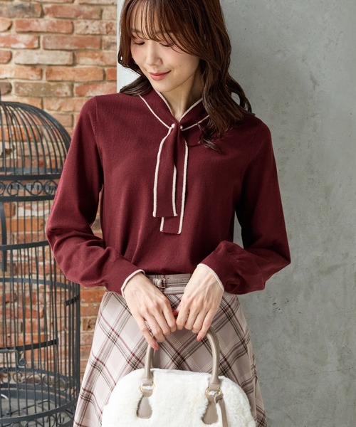 Honeys（ハニーズ）の「【しなやかニット・ヒアルロン酸加工】ヒアルロン酸配色ボウタイニット（ニット/セーター・レディース・ボルドー/ネイビー/サックスブルー/アイボリー・S/M/LL/L/3L）」の16枚目の写真