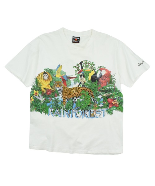 VINTAGE(ヴィンテージ)の「【USED】90’s SIGNAL SPORTS “RAINFOREST” アニマル Tシャツ USA製(Tシャツ/カットソー・メンズ・ホワイト・LARGE)」の1枚目の写真