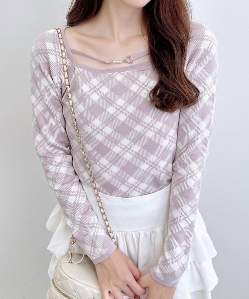 INGNI（イング）の「パールビット付きチェックニット（ニット/セーター・レディース・ベージュ系2/ピンク系2/ブラック×ホワイト・M）」の3枚目の写真