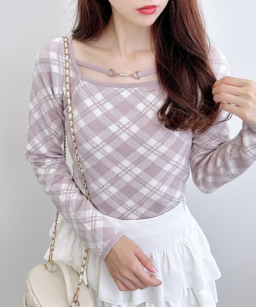 INGNI（イング）の「パールビット付きチェックニット（ニット/セーター・レディース・ベージュ系2/ピンク系2/ブラック×ホワイト・M）」の10枚目の写真