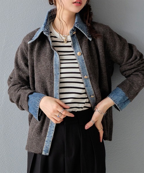 セール】異素材切り替え デニムドッキングニットカーディガン