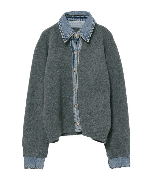 異素材切り替え デニムドッキングニットカーディガン