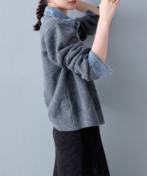 異素材切り替え デニムドッキングニットカーディガン