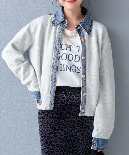 専用　デニム×ニット　素材切り替え　カーディガン カーディガン 異素材切り替え デニムドッキングニット