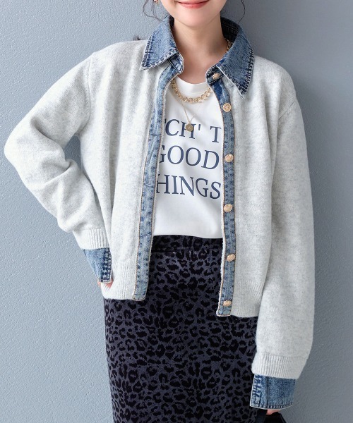 セール】異素材切り替え デニムドッキングニットカーディガン