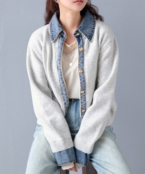 セール】異素材切り替え デニムドッキングニットカーディガン