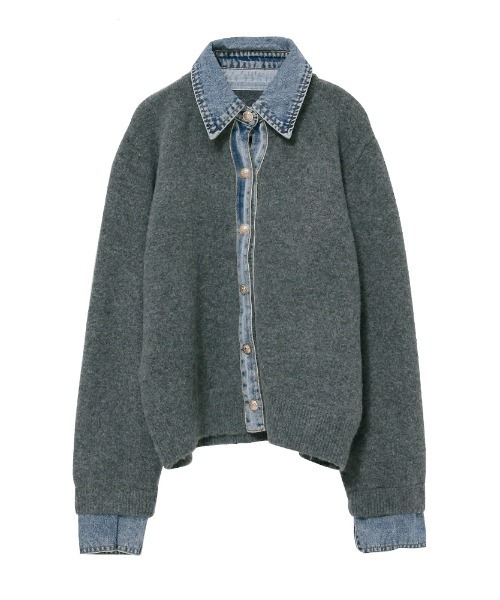 異素材切り替え デニムドッキングニットカーディガン（カーディガン