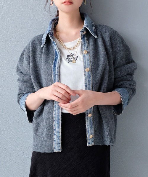 セール】デニム切替フェイクレイヤードニットカーディガン