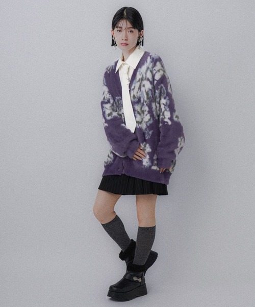 HARE アソートシャギーガラVネックカーディガン ワインレッド ボルドー HARE アソートシャギーガラVネックカーディガン ワインレッド ボルドー