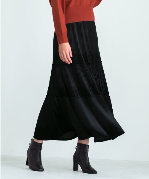 Emilyan(エミリアン)の「【 手洗いできる 】 3段ティアードプリーツベロアスカート(スカート・レディース・ダークブラウン/ブラック・M)」の1枚目の写真