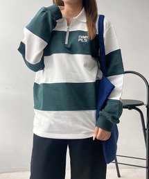 AS KNOW AS plus（アズノゥアズプラス）の「♪ワンポイントロゴ刺繍 ハーフジップ ラガーボーダープルオーバー（スウェット）」