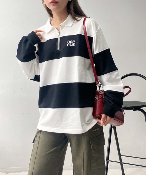 AS KNOW AS plus(アズノゥアズプラス)の「♪ワンポイントロゴ刺繍 ハーフジップ ラガーボーダープルオーバー(スウェット・レディース・ホワイト×ブラック/ホワイト×グリーン/ピンク系その他・FREE)」の3枚目の写真