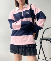 AS KNOW AS plus | ♪ワンポイントロゴ刺繍 ハーフジップ ラガーボーダープルオーバー(スウェット)