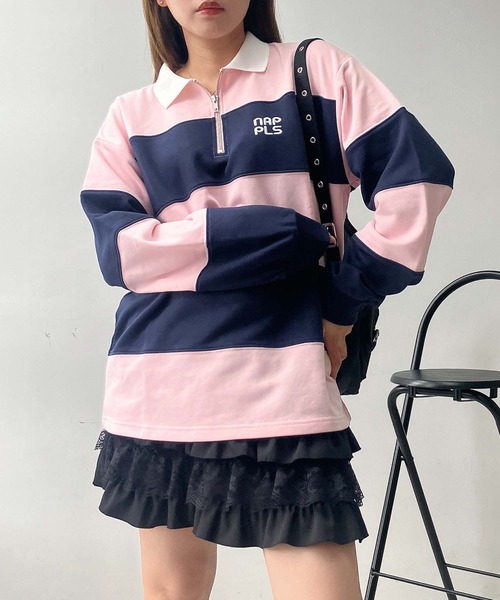 AS KNOW AS plus(アズノゥアズプラス)の「♪ワンポイントロゴ刺繍 ハーフジップ ラガーボーダープルオーバー(スウェット・レディース・ホワイト×ブラック/ホワイト×グリーン/ピンク系その他・FREE)」の1枚目の写真