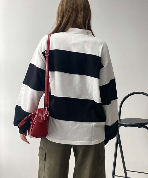 AS KNOW AS plus(アズノゥアズプラス)の「♪ワンポイントロゴ刺繍 ハーフジップ ラガーボーダープルオーバー(スウェット・レディース・ホワイト×ブラック/ホワイト×グリーン/ピンク系その他・FREE)」の4枚目の写真