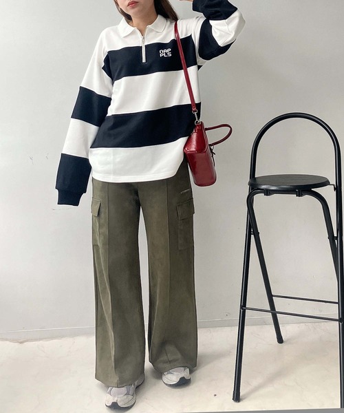 AS KNOW AS plus(アズノゥアズプラス)の「♪ワンポイントロゴ刺繍 ハーフジップ ラガーボーダープルオーバー(スウェット・レディース・ホワイト×ブラック/ホワイト×グリーン/ピンク系その他・FREE)」の5枚目の写真