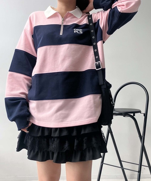 AS KNOW AS plus(アズノゥアズプラス)の「♪ワンポイントロゴ刺繍 ハーフジップ ラガーボーダープルオーバー(スウェット・レディース・ホワイト×ブラック/ホワイト×グリーン/ピンク系その他・FREE)」の6枚目の写真