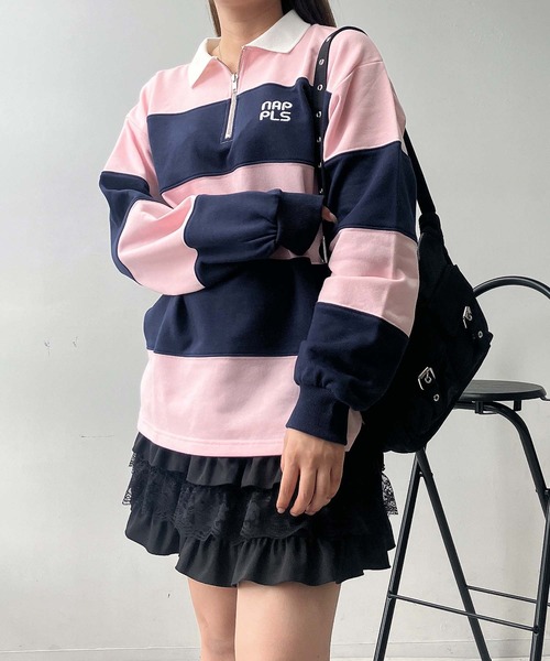 AS KNOW AS plus(アズノゥアズプラス)の「♪ワンポイントロゴ刺繍 ハーフジップ ラガーボーダープルオーバー(スウェット・レディース・ホワイト×ブラック/ホワイト×グリーン/ピンク系その他・FREE)」の7枚目の写真