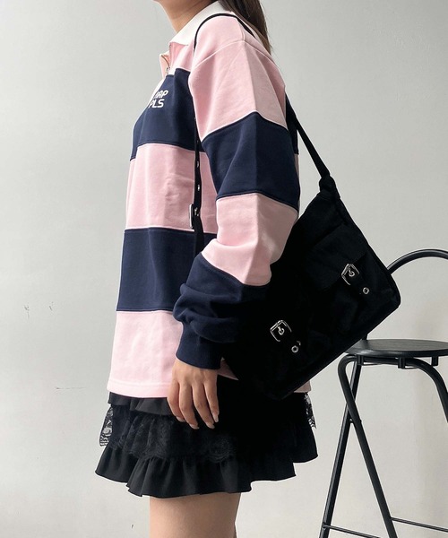 AS KNOW AS plus(アズノゥアズプラス)の「♪ワンポイントロゴ刺繍 ハーフジップ ラガーボーダープルオーバー(スウェット・レディース・ホワイト×ブラック/ホワイト×グリーン/ピンク系その他・FREE)」の8枚目の写真