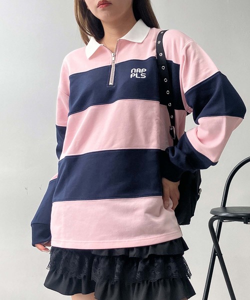 AS KNOW AS plus(アズノゥアズプラス)の「♪ワンポイントロゴ刺繍 ハーフジップ ラガーボーダープルオーバー(スウェット・レディース・ホワイト×ブラック/ホワイト×グリーン/ピンク系その他・FREE)」の9枚目の写真