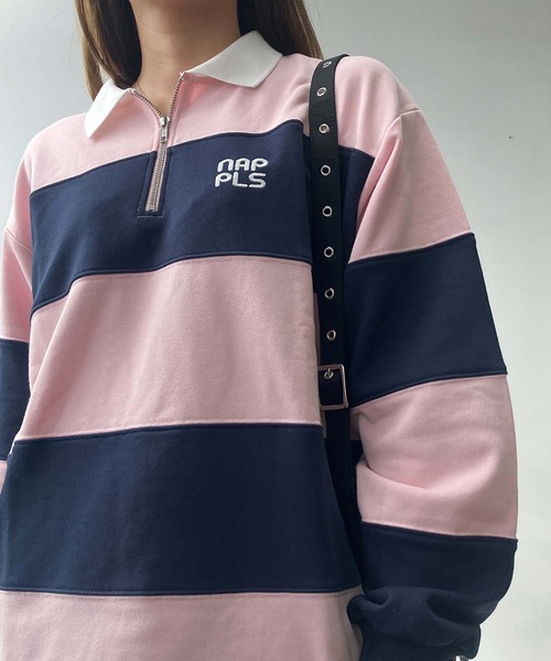 AS KNOW AS plus(アズノゥアズプラス)の「♪ワンポイントロゴ刺繍 ハーフジップ ラガーボーダープルオーバー(スウェット・レディース・ホワイト×ブラック/ホワイト×グリーン/ピンク系その他・FREE)」の10枚目の写真