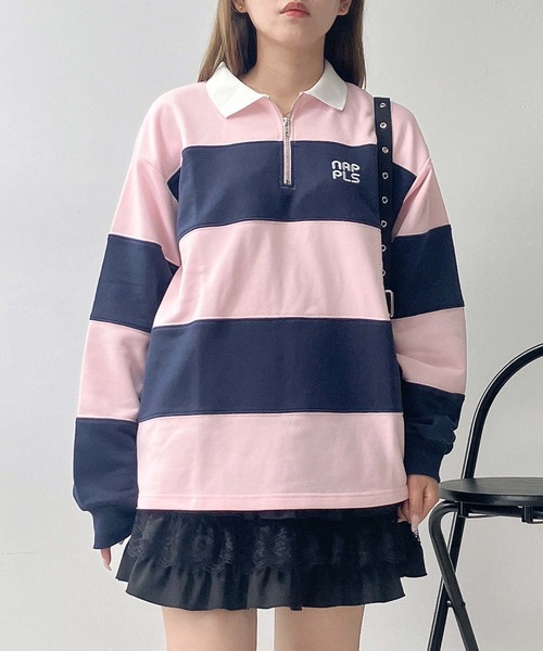 AS KNOW AS plus(アズノゥアズプラス)の「♪ワンポイントロゴ刺繍 ハーフジップ ラガーボーダープルオーバー(スウェット・レディース・ホワイト×ブラック/ホワイト×グリーン/ピンク系その他・FREE)」の11枚目の写真