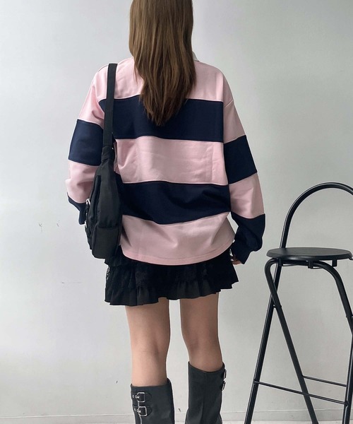 AS KNOW AS plus(アズノゥアズプラス)の「♪ワンポイントロゴ刺繍 ハーフジップ ラガーボーダープルオーバー(スウェット・レディース・ホワイト×ブラック/ホワイト×グリーン/ピンク系その他・FREE)」の12枚目の写真