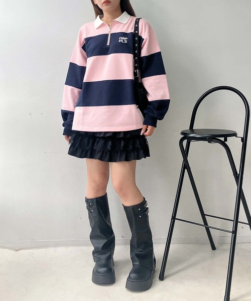 AS KNOW AS plus(アズノゥアズプラス)の「♪ワンポイントロゴ刺繍 ハーフジップ ラガーボーダープルオーバー(スウェット・レディース・ホワイト×ブラック/ホワイト×グリーン/ピンク系その他・FREE)」の13枚目の写真